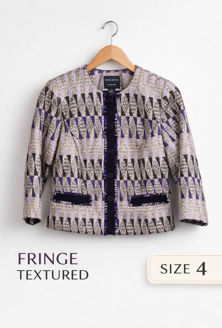 Doncaster Cropped Blazer Size 4 Purple Black Textured Fringe Jacket